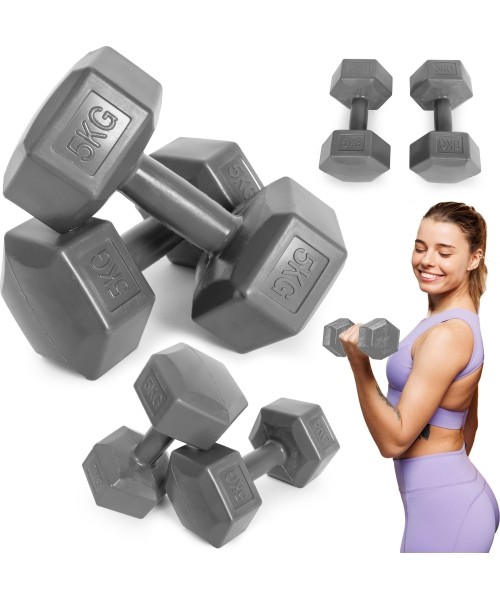 Dumbbells for Aerobics ModernHOME: Šešiakampių hantelių rinkinys 2x5 kg treniruočių svoriai fitneso svarmenys pilki ModernHome
