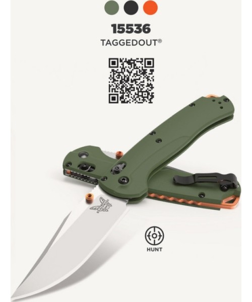 Medžiokliniai ir išgyvenimo peiliai Benchmade: Benchmade 15536 TAGGEDOUT, OD Green G10, CPM-S45VN