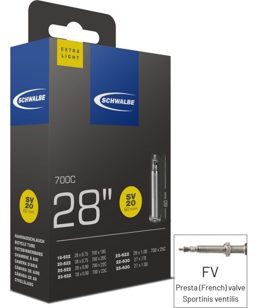 Aksesuarai bei priedai dviračiams : Kamera Schwalbe EXTRE LIGHT 700x18/25 (18/25-622) FV20 60MM