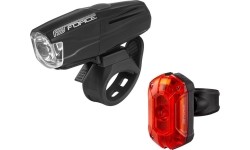 Aksesuarai bei priedai dviračiams : Dviračio žibintų komplektas Force Vario, 500lm + 25lm, USB