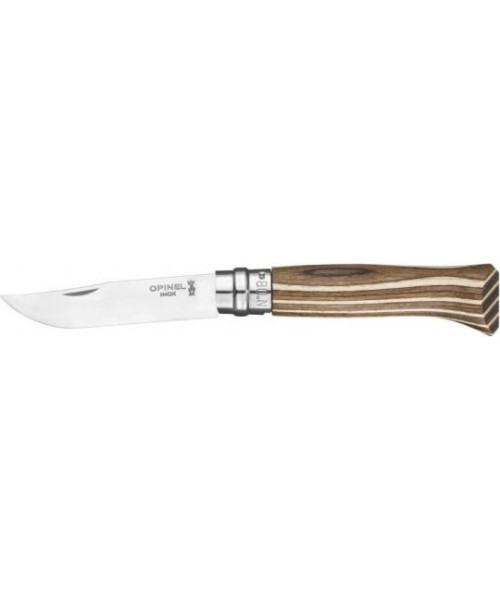 Medžiokliniai ir išgyvenimo peiliai Opinel: Peilis Opinel Nr.8 Laminated Brown, nerūdijančio plieno ašmenimis, ruda beržo ran...