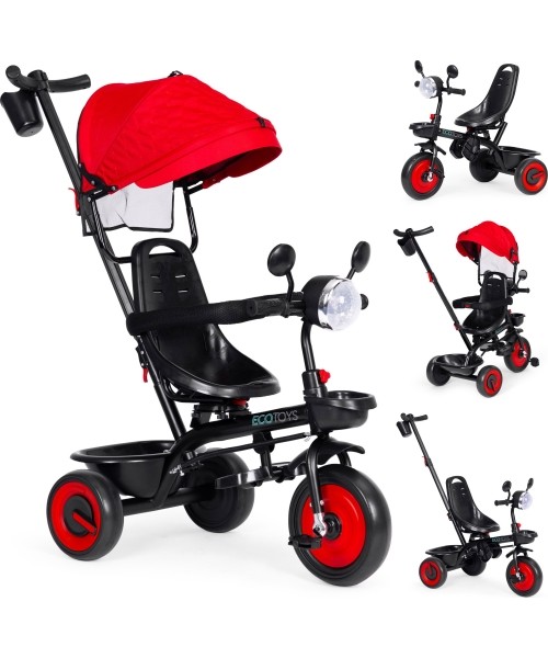 Vaikiški paspirtukai Eco Toys: Kūdikių triratukas vežimėlis 3in1 su pasukama sėdyne su stogeliu raudonas ECOTOYS