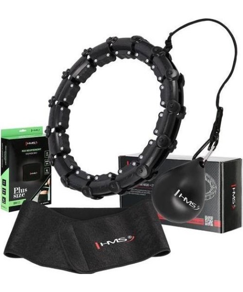 Lankai sukimui HMS: RINKINYS HULA HOOP HHW11 JUODAS SU SVORIU + LIEMENS ATRAMA BR163 JUODAS PLIUS DYDIS HMS