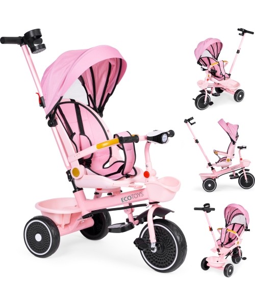 Vaikiški paspirtukai Eco Toys: Triratukas vežimėlis 2in1 su pasukama sėdyne, sulankstomas su stogeliu, rožinis - ECOTOYS