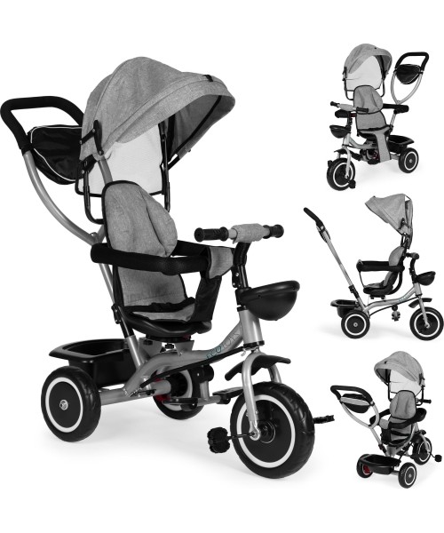 Vaikiški paspirtukai Eco Toys: Triratukas vežimėlis 2in1 su pasukama sėdyne, sulankstomu stogeliu - pilkas ECOTOYS