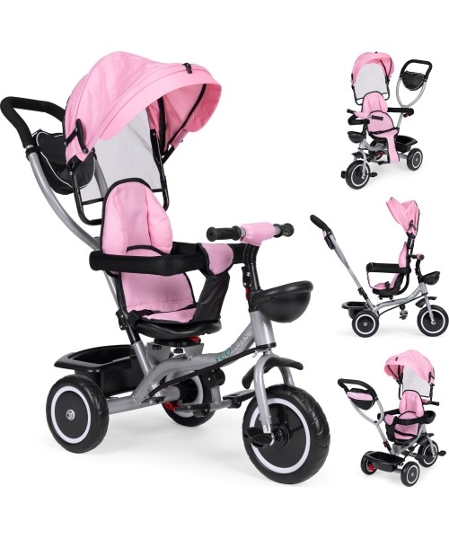 Children's Scooters Eco Toys: Triratukas vežimėlis 2in1 su pasukama sėdyne, sulankstomas su stogeliu, rožinis - ECOTOYS