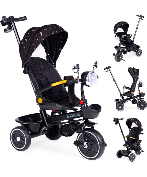 Children's Scooters Eco Toys: Kūdikių triratukas vežimėlis su pasukama sėdyne, stumdomas juodos spalvos ECOTOYS