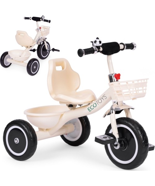 Vaikiški paspirtukai Eco Toys: Triratukas su neslystančiomis rankenomis, varpelio krepšys, smėlio spalvos ECOTOYS
