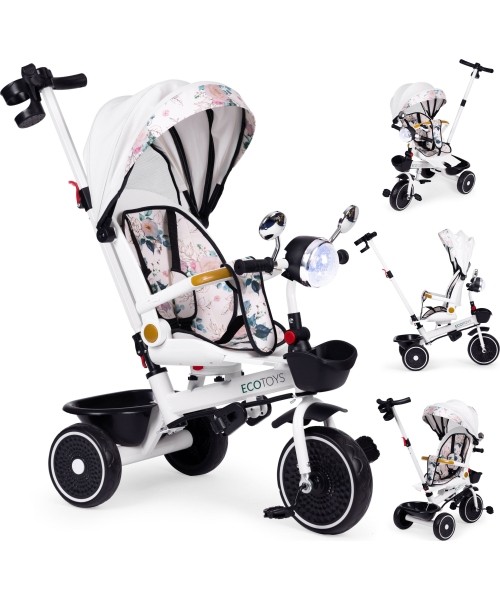 Vaikiški paspirtukai Eco Toys: Kūdikių triratukas vežimėlis su pasukama sėdyne, stumiančia stogelį ECOTOYS