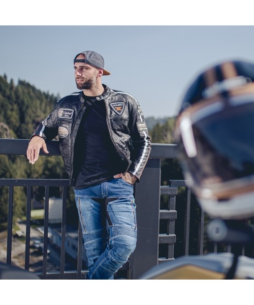 Vyriška odinė motociklininko striukė W-TEC Black Cracker - Juoda
