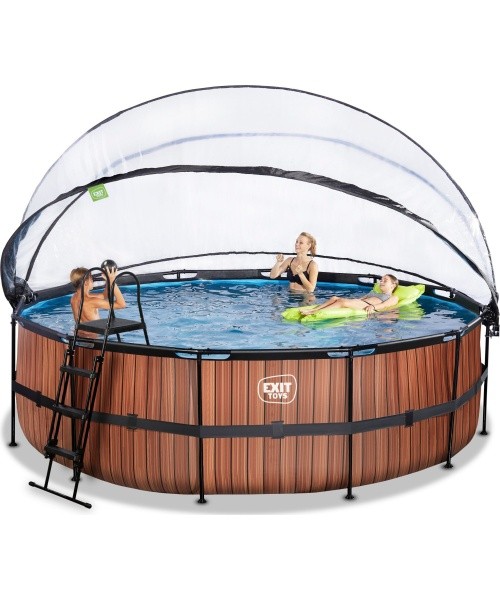 EXIT Wood pool ø488x122cm with sand filter pump and dome and heat pump - brown