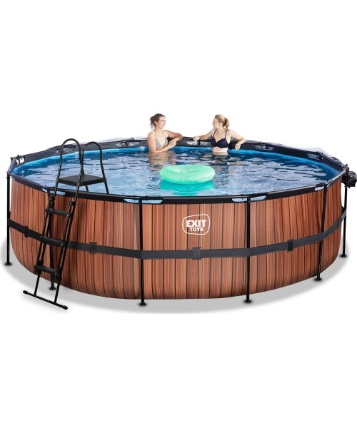 EXIT Wood pool ø488x122cm with sand filter pump and dome and heat pump - brown
