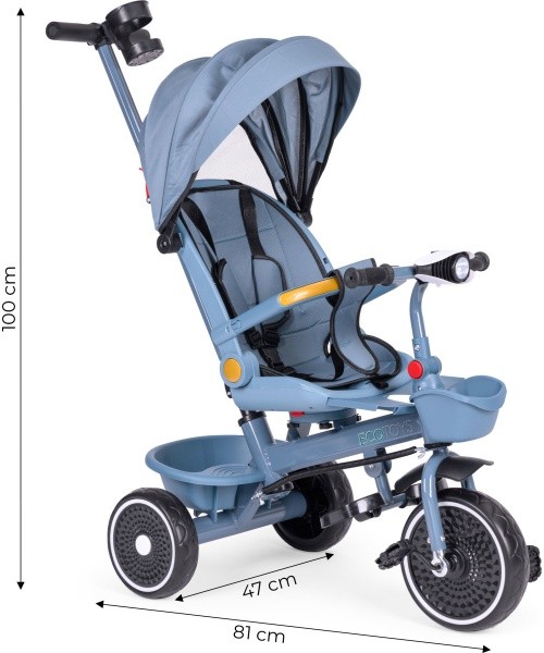Tricycle stroller tricycle 2-in-1 swivel seat folding canopy blue - ECOTOYS