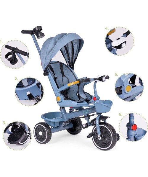 Tricycle stroller tricycle 2-in-1 swivel seat folding canopy blue - ECOTOYS