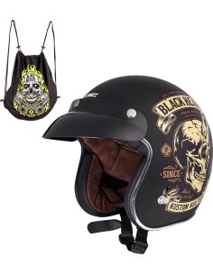 Motorcycle Helmet W-TEC Kustom Black Heart - Skull Horn, Matte Black