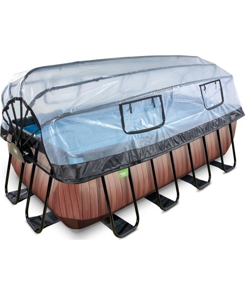 EXIT Wood pool 400x200x122cm with sand filter pump and dome and heat pump - brown