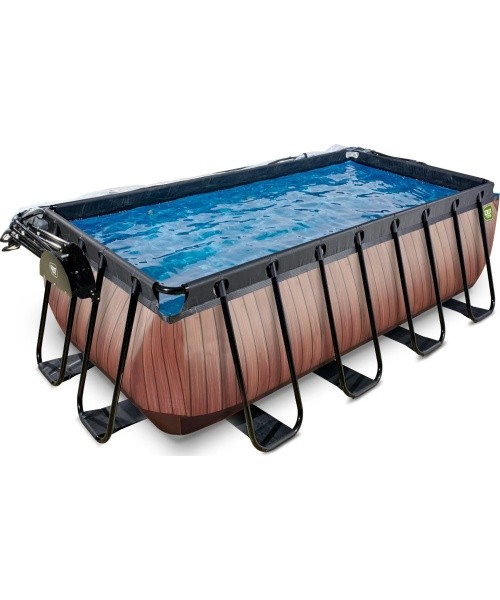 EXIT Wood pool 400x200x122cm with sand filter pump and dome and heat pump - brown