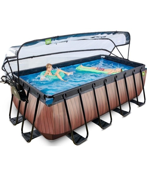 EXIT Wood pool 400x200x122cm with sand filter pump and dome and heat pump - brown
