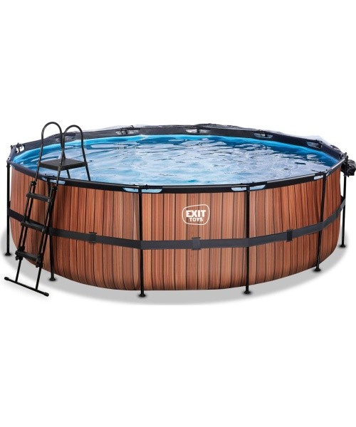 EXIT Wood baseinas ø450x122cm su kupolu, smėlio filtru ir šilumos siurbliu - rudas