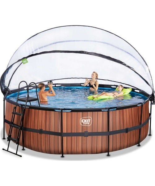 EXIT Wood baseinas ø450x122cm su kupolu, smėlio filtru ir šilumos siurbliu - rudas