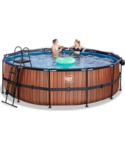 EXIT Wood baseinas ø450x122cm su kupolu, smėlio filtru ir šilumos siurbliu - rudas