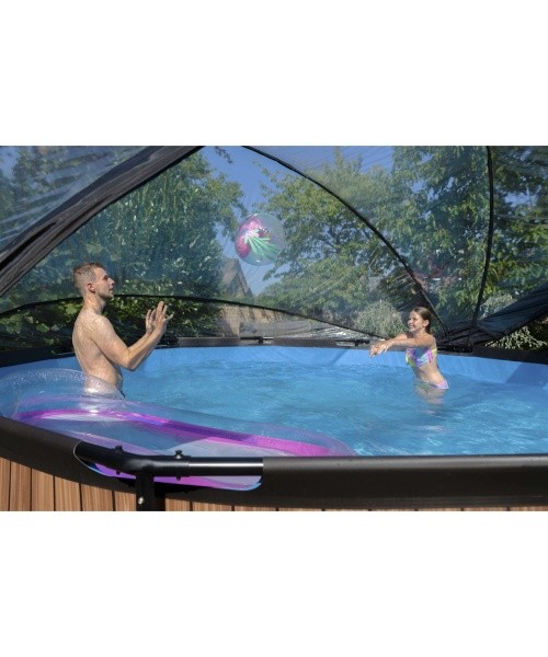 EXIT Wood baseinas ø450x122cm su kupolu, smėlio filtru ir šilumos siurbliu - rudas