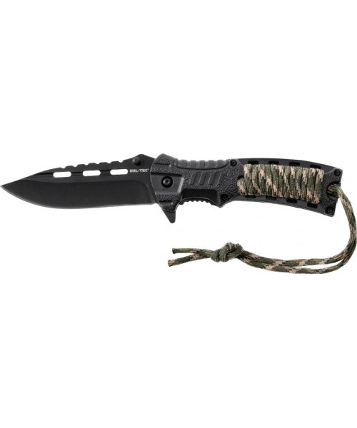 Camo vienos rankos peilis su paracordu ir ugnies įžiebimo įrankiu