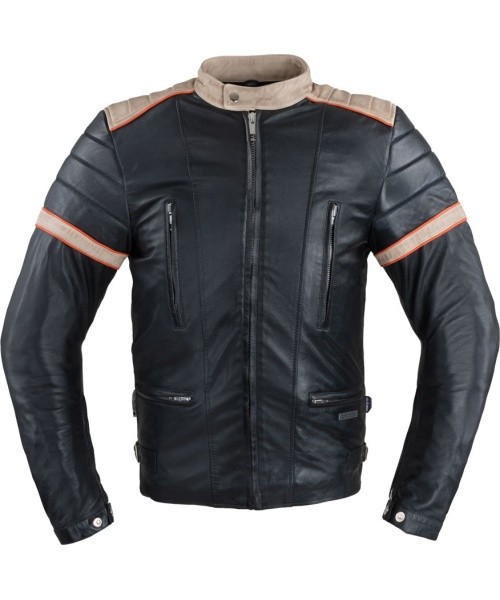Men’s Leather Jacket W-TEC Hellsto - Black with Beige and Orange Stripe